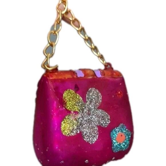 Groovy Handbag Glass Ornament Pink Peace Flower Power Purse 60s Retro Glitter - Picture 6 of 7